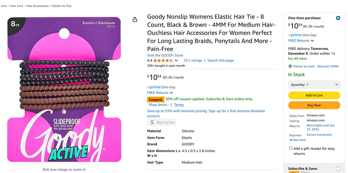 Goody Brown Hair Elastics Ties Non-Slip Light & Dark 76769 8-Ct
