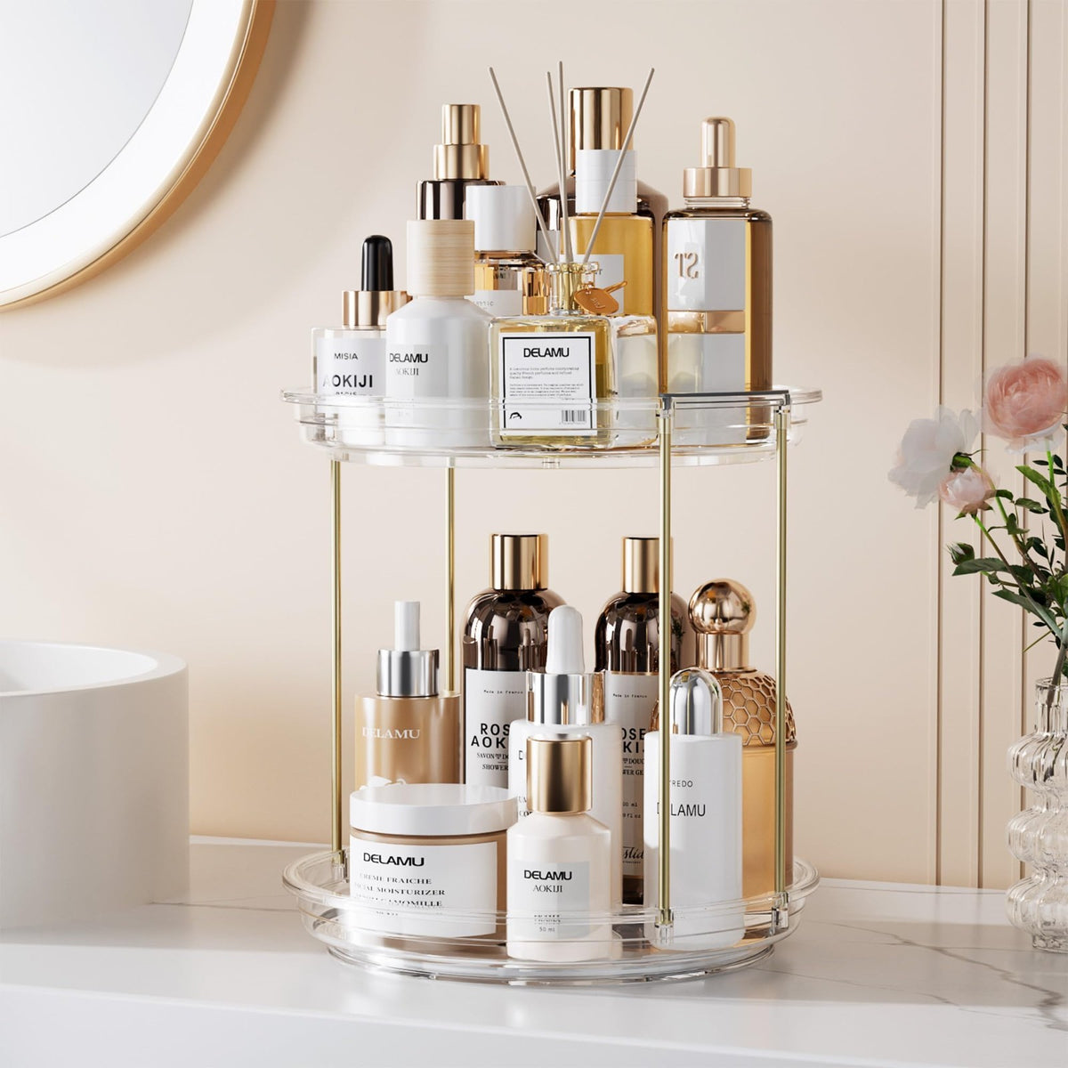 2-Tier Rotating Makeup Organizer with Spinning Storage for Skincare & Perfume