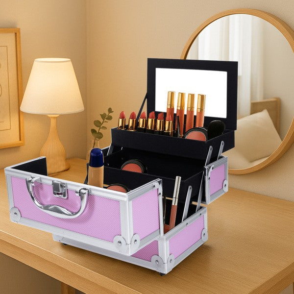 Pink Aluminum Makeup Train Case with Mirror, 9x6x6 in - Jewelry Organizer SM-2176