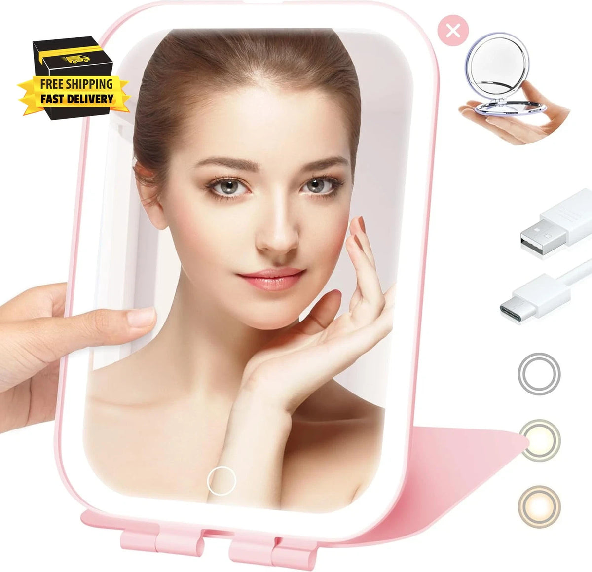 Rechargeable Portable LED Makeup Mirror with Lighted Touch Screen, Travel Size