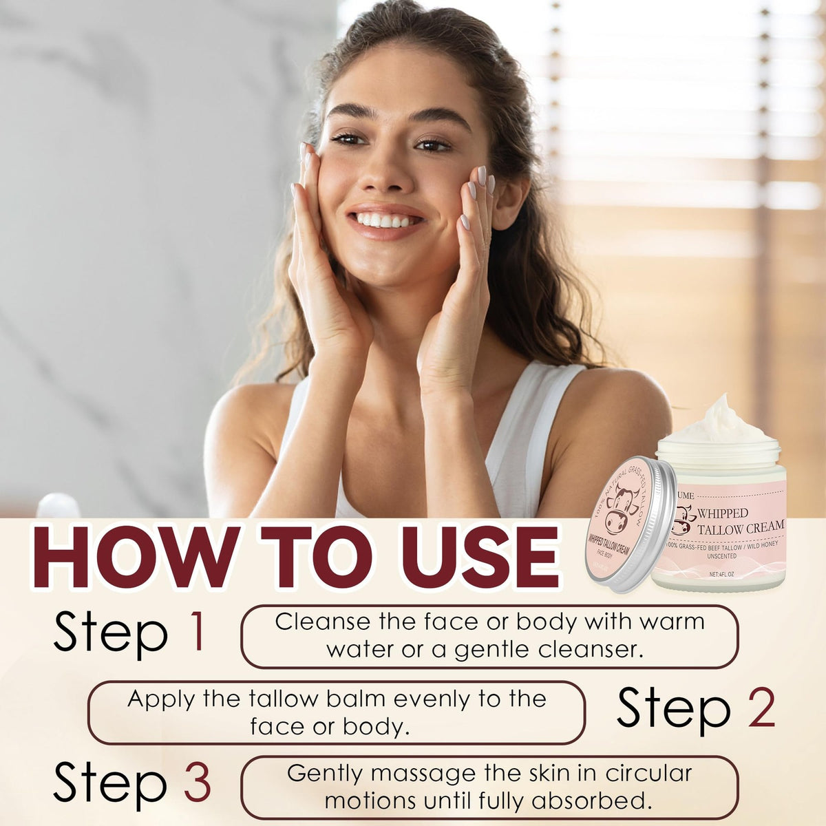 Beef Tallow Skin Moisturizer - 100% Grass-Fed Whipped Face & Body Balm, 4 Fl Oz