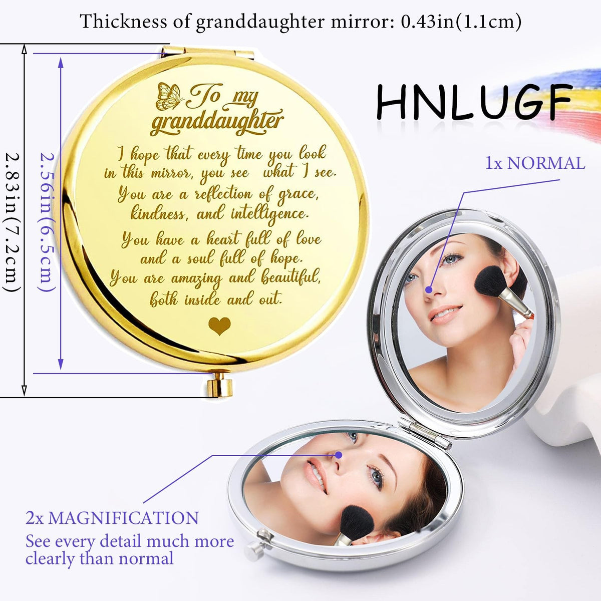 Engraved Compact Pocket Mirror for Granddaughter - Encouragement Gift, Double-Sided Makeup Mirror