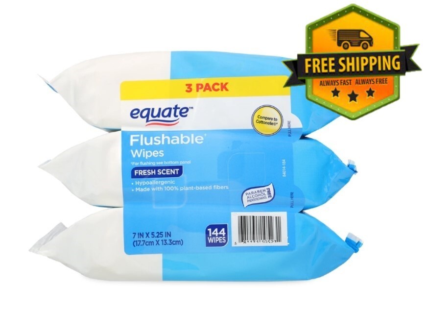 Flushable Wet Wipes with Fresh Scent - Hypoallergenic, 144 Count 3-Pack