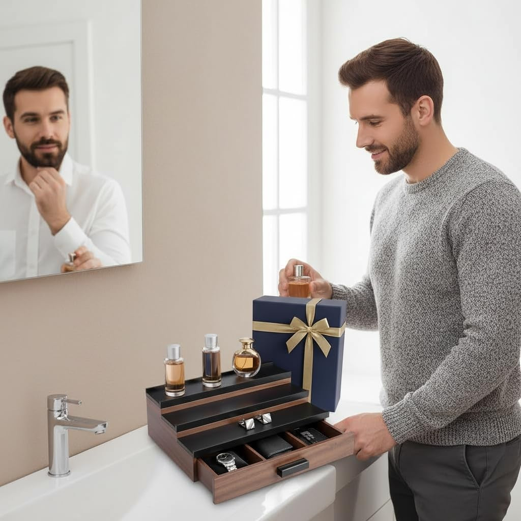 Men's Cologne Organizer with Drawer and Hidden Storage - Black Wood Stand