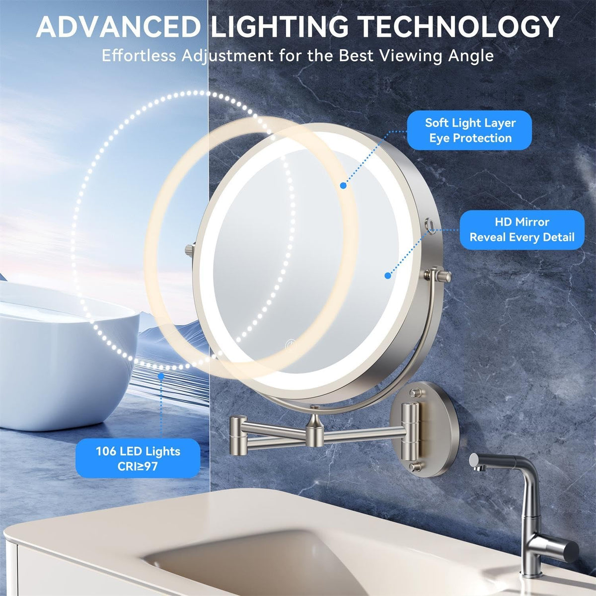 Rechargeable 9-Inch Wall Mounted Lighted Makeup Mirror with 30X Magnification, Dimmable LED, Extendable Arm