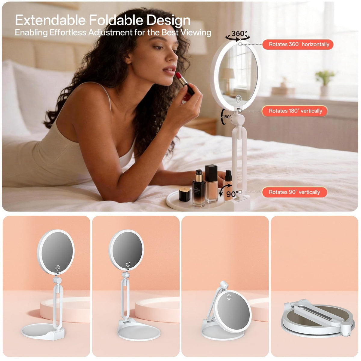 Travel Makeup Mirror with Lights 40X Magnification Dual-Sided Foldable & Dimmable