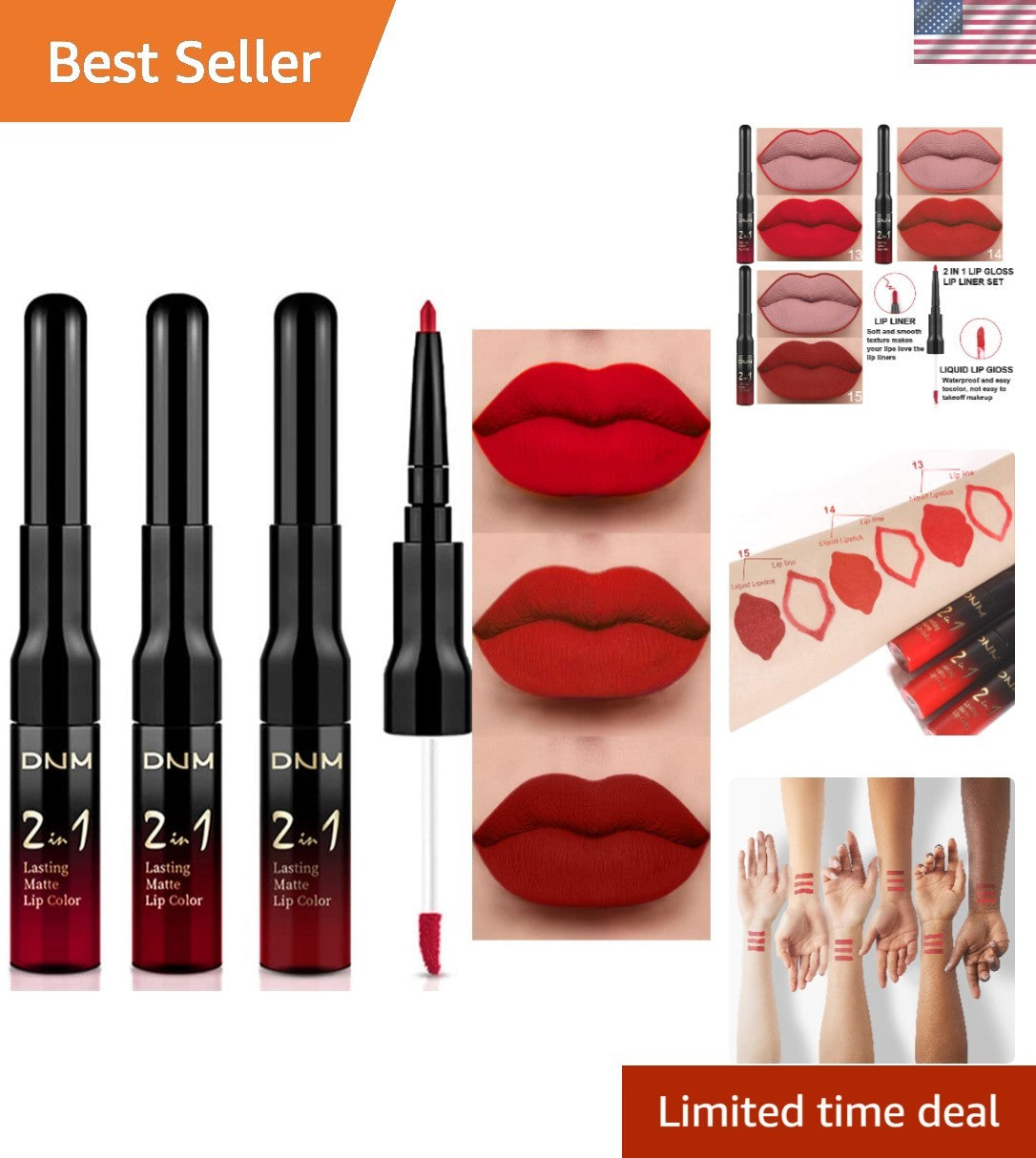 24-Hour Waterproof Lip Set with Lip Liner & Liquid Lipstick - Ruby Red