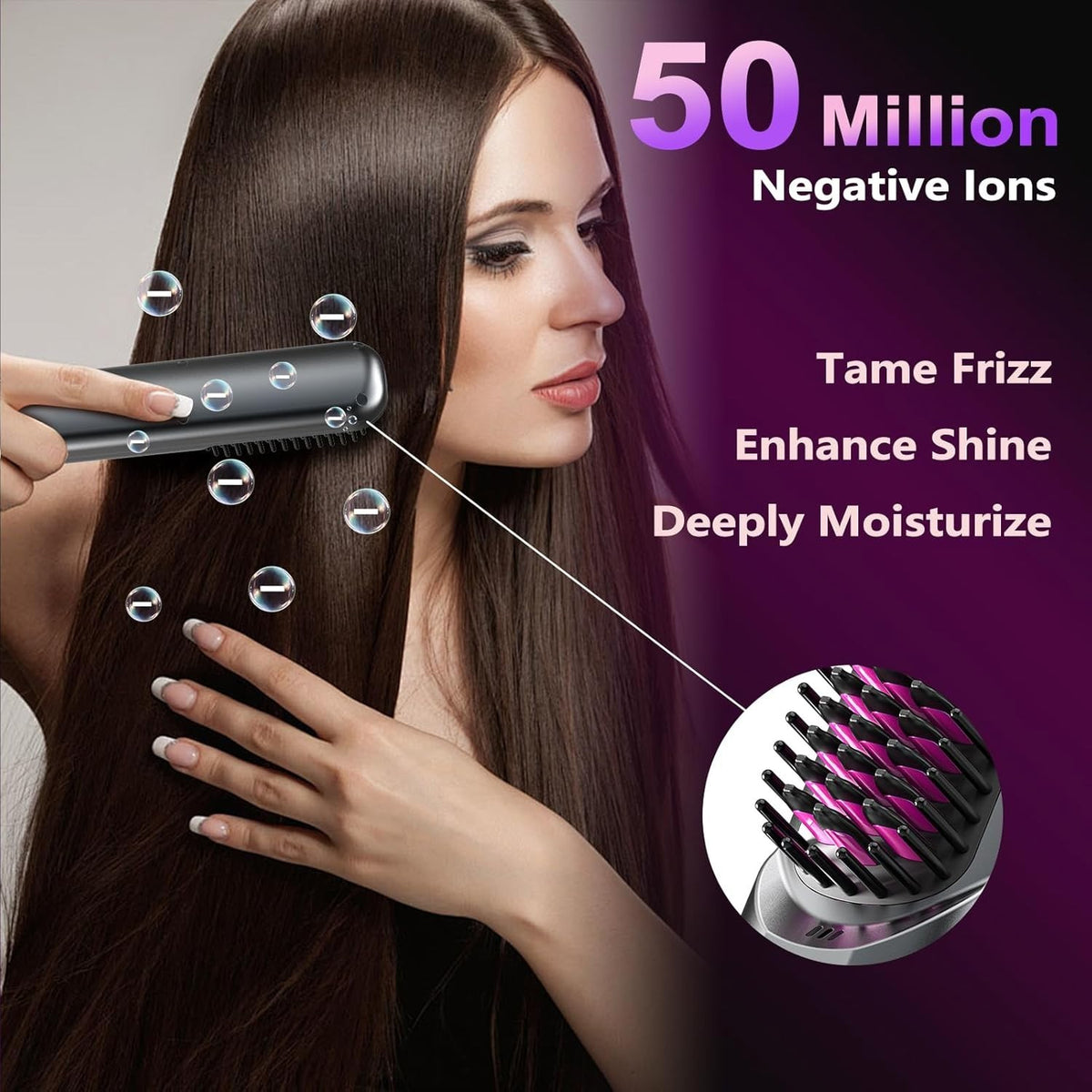 Cordless Ionic Ceramic Hair Straightener Brush for Thick & Curly Hair