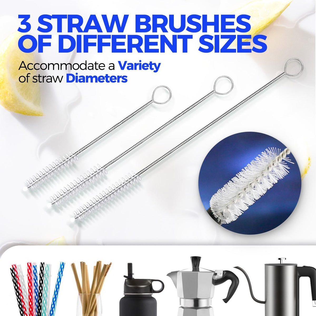 14-Inch Stainless Steel Bottle Brush Set with Long Handle & Straw Cleaners