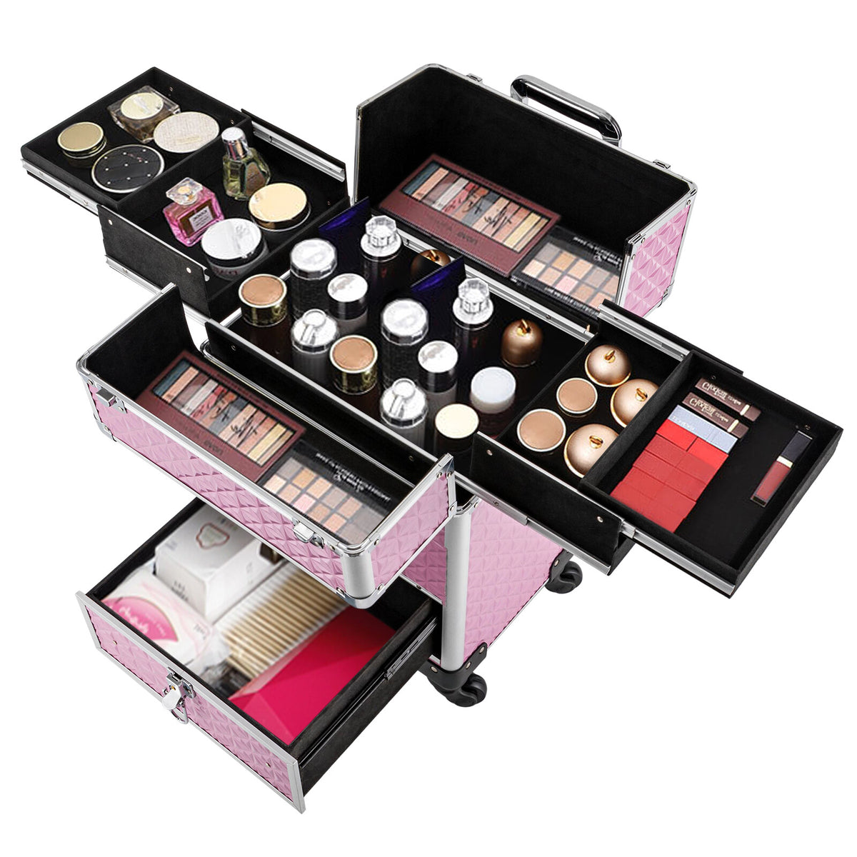 Rolling Makeup Train Case with 7 Compartments and Lockable Drawers