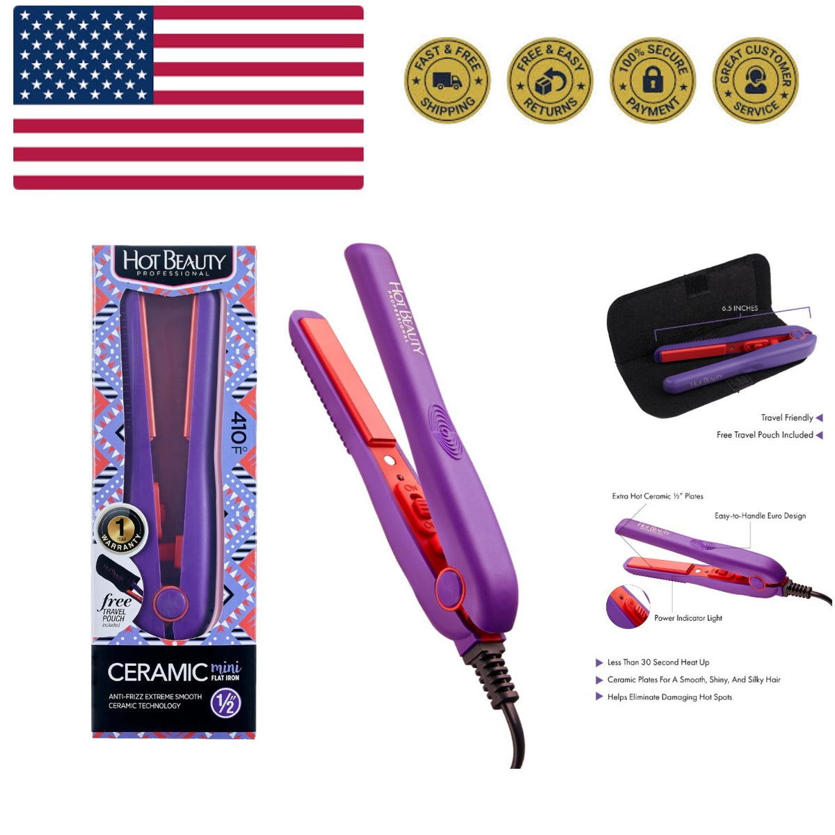 Mini Ceramic Flat Iron 1/2 Inch - Travel Hair Straightener & Curling Iron