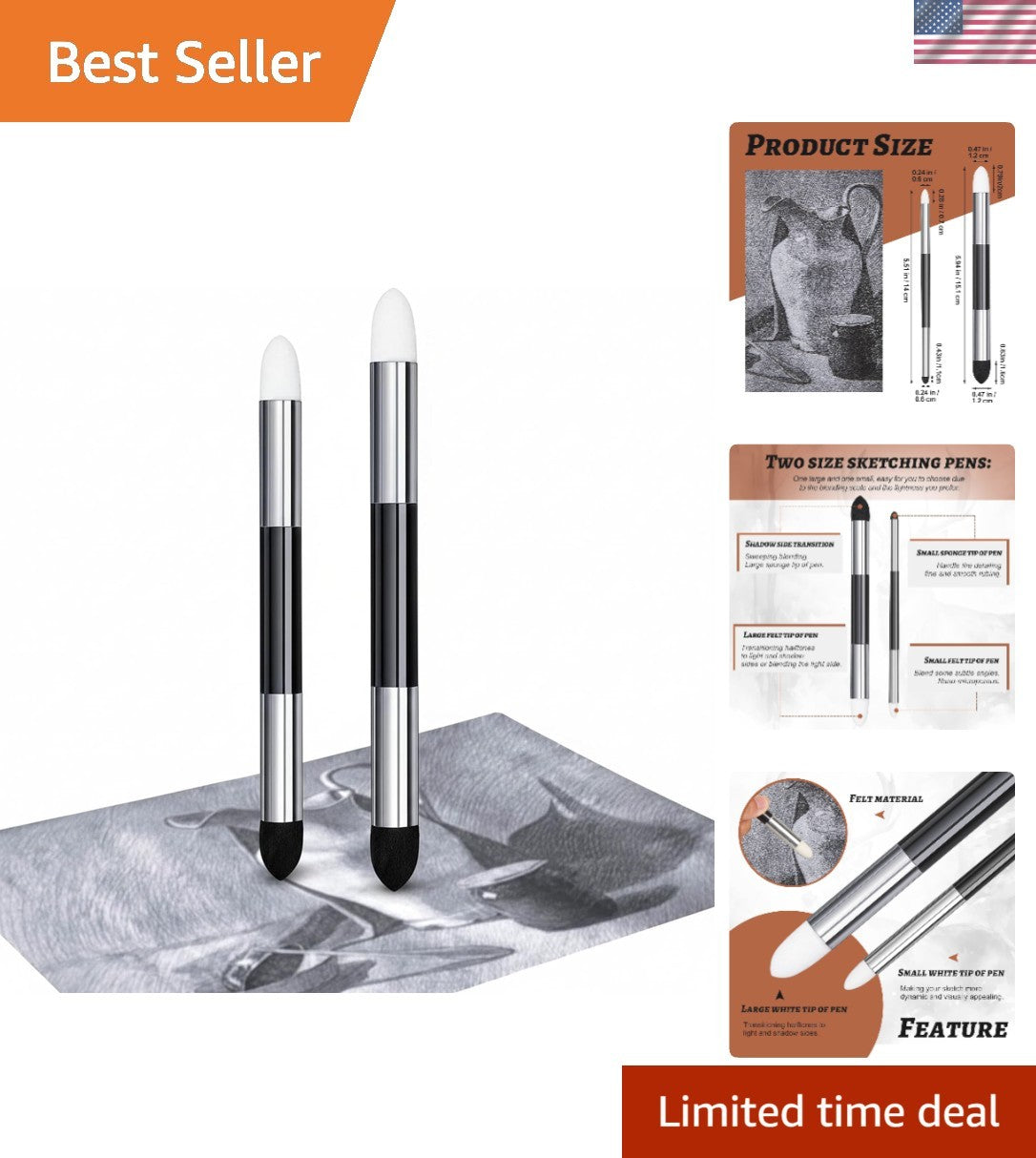 Washable Art Blending Sponge Pen Set - 2 Sizes for Drawing & Shading