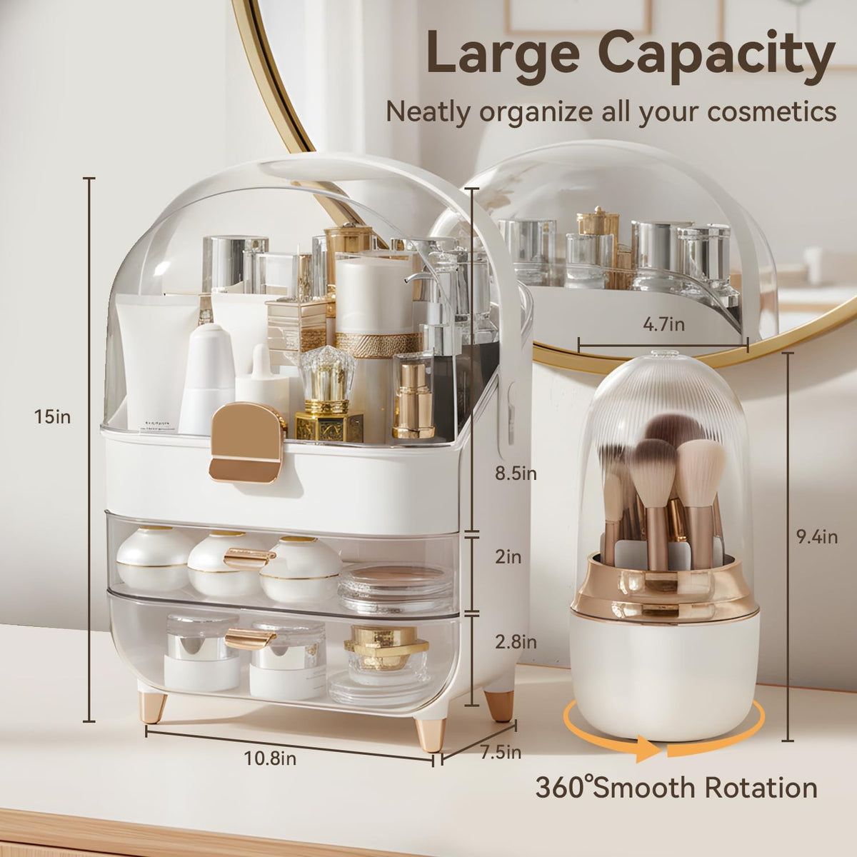 Rose Gold Makeup Organizer with Drawers & Brush Holder for Vanity