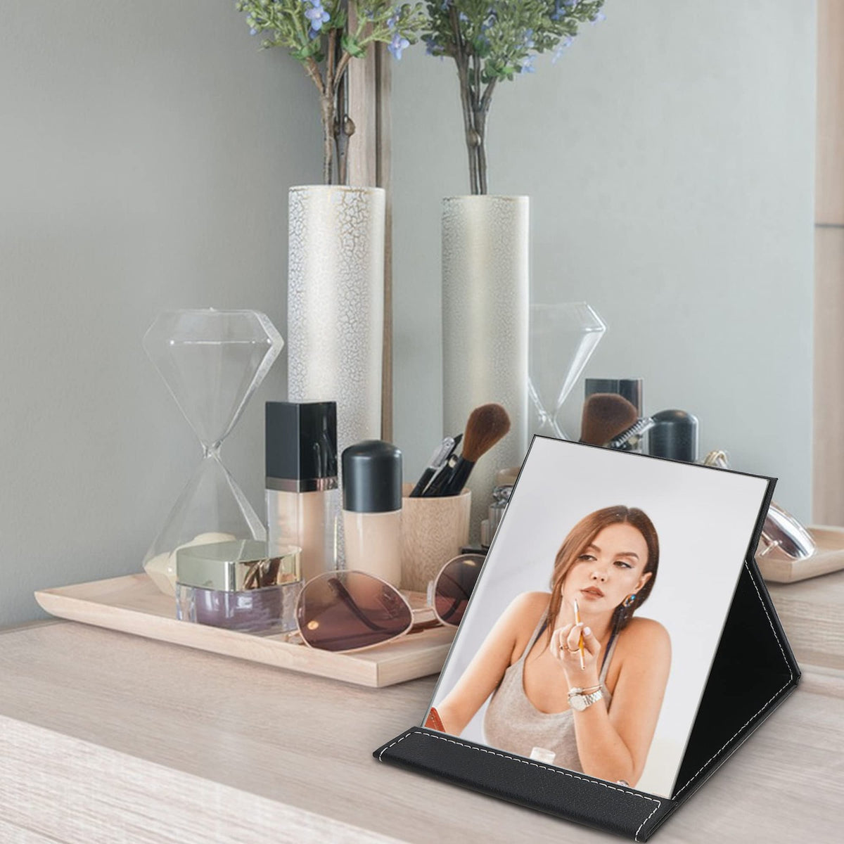 Portable Folding Travel Mirror with PU Leather Frame - Compact & Adjustable