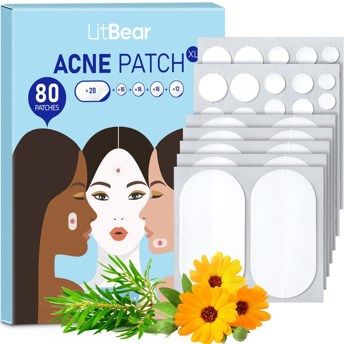 Large Acne Pimple Patches - 5 Sizes, 80 Count, Transparent