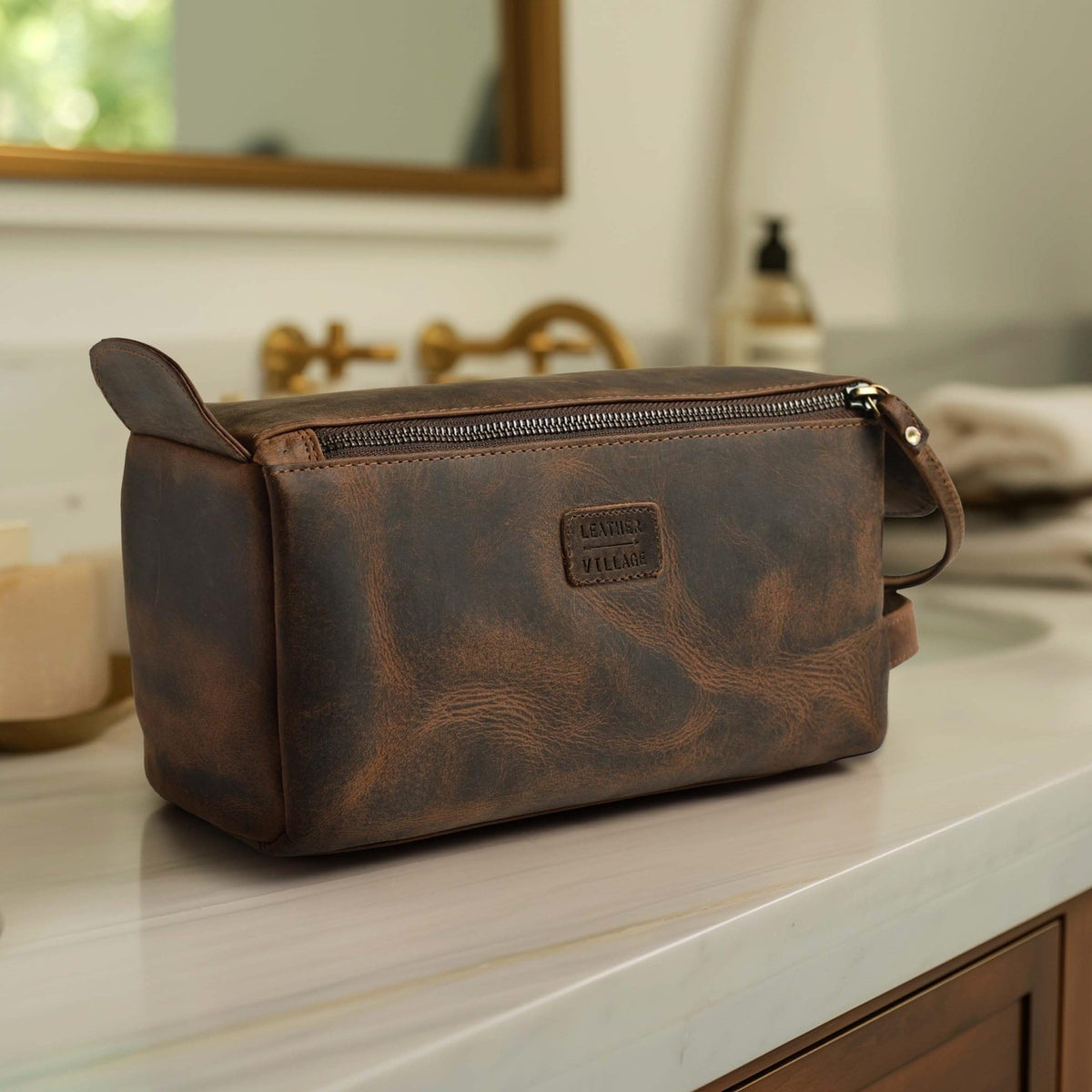 Leather Travel Toiletry Bag - Waterproof Premium Leather Organizer for Men & Women