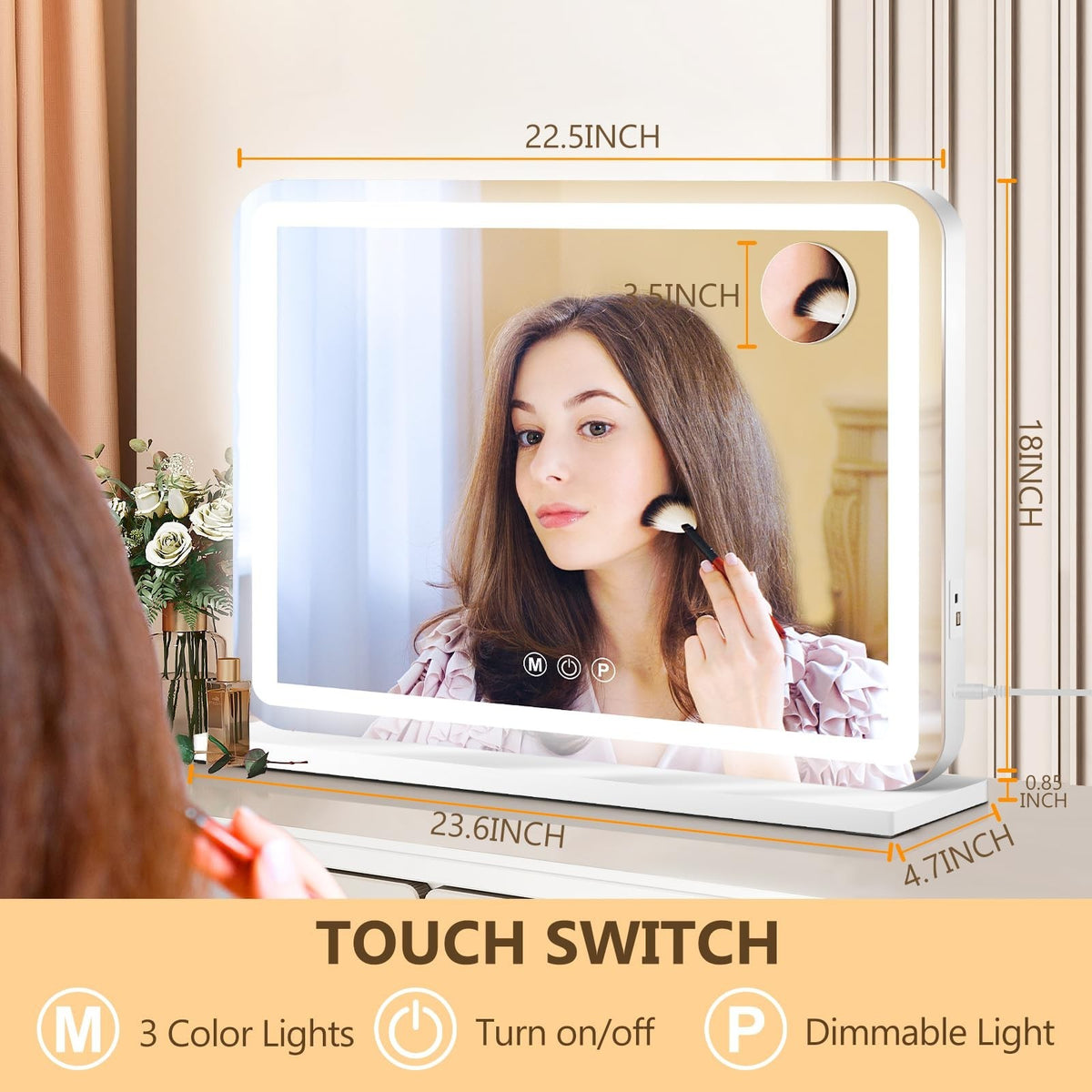 Lighted Makeup Vanity Mirror with 3 Color Dimmable LED Lights - 23x18 Inches