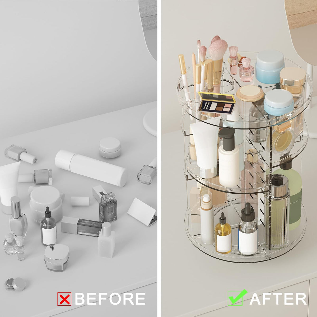 Rotating Makeup Organizer with Adjustable Layers for Vanity and Skincare