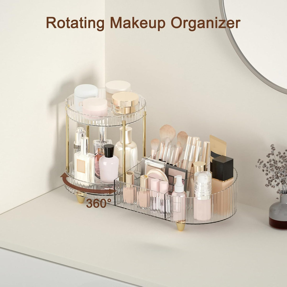 Rotating Makeup Organizer with 5 Compartments for Vanity and Countertop