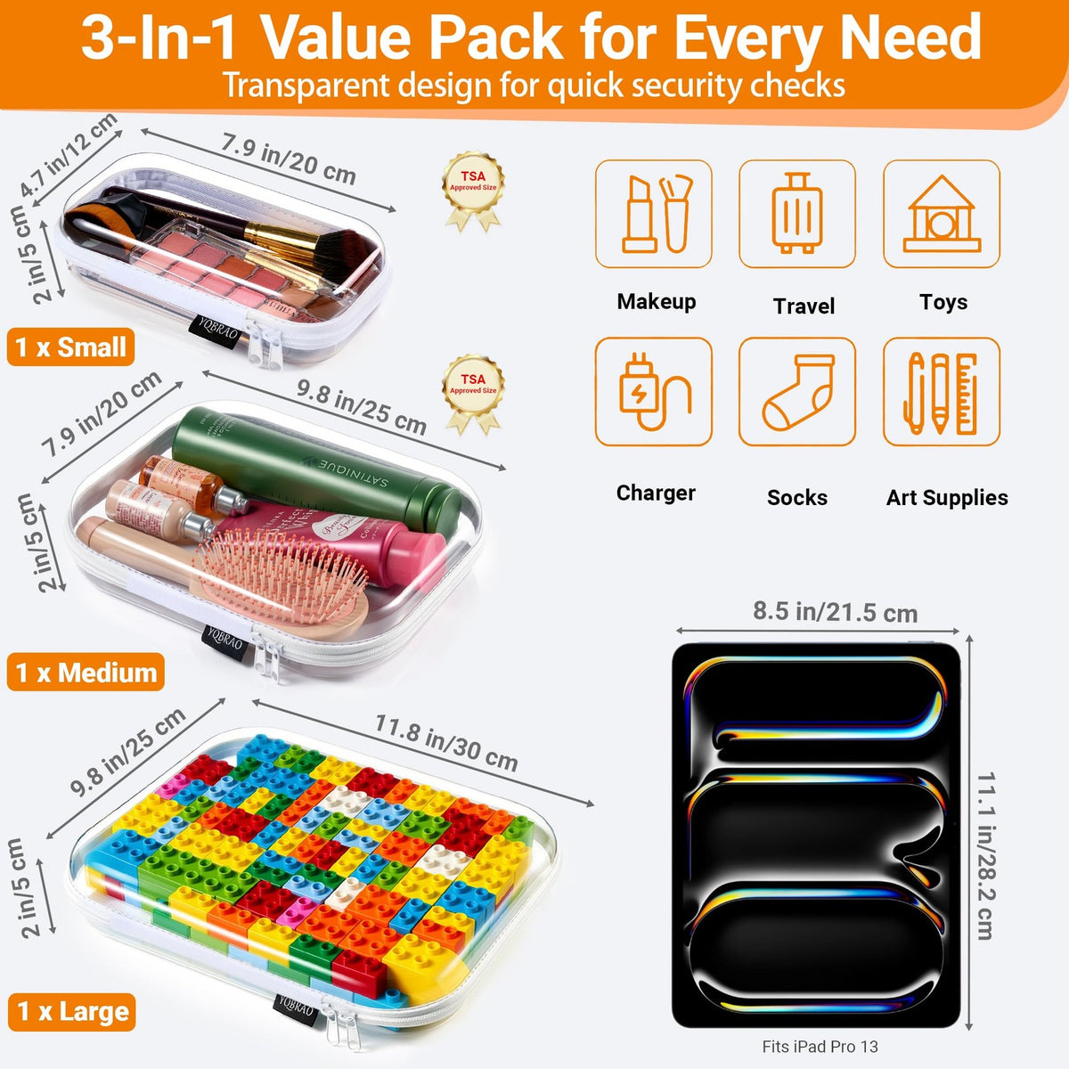 3-Piece Clear Hard Shell Zipper Case Set for Travel, Storage & Organization