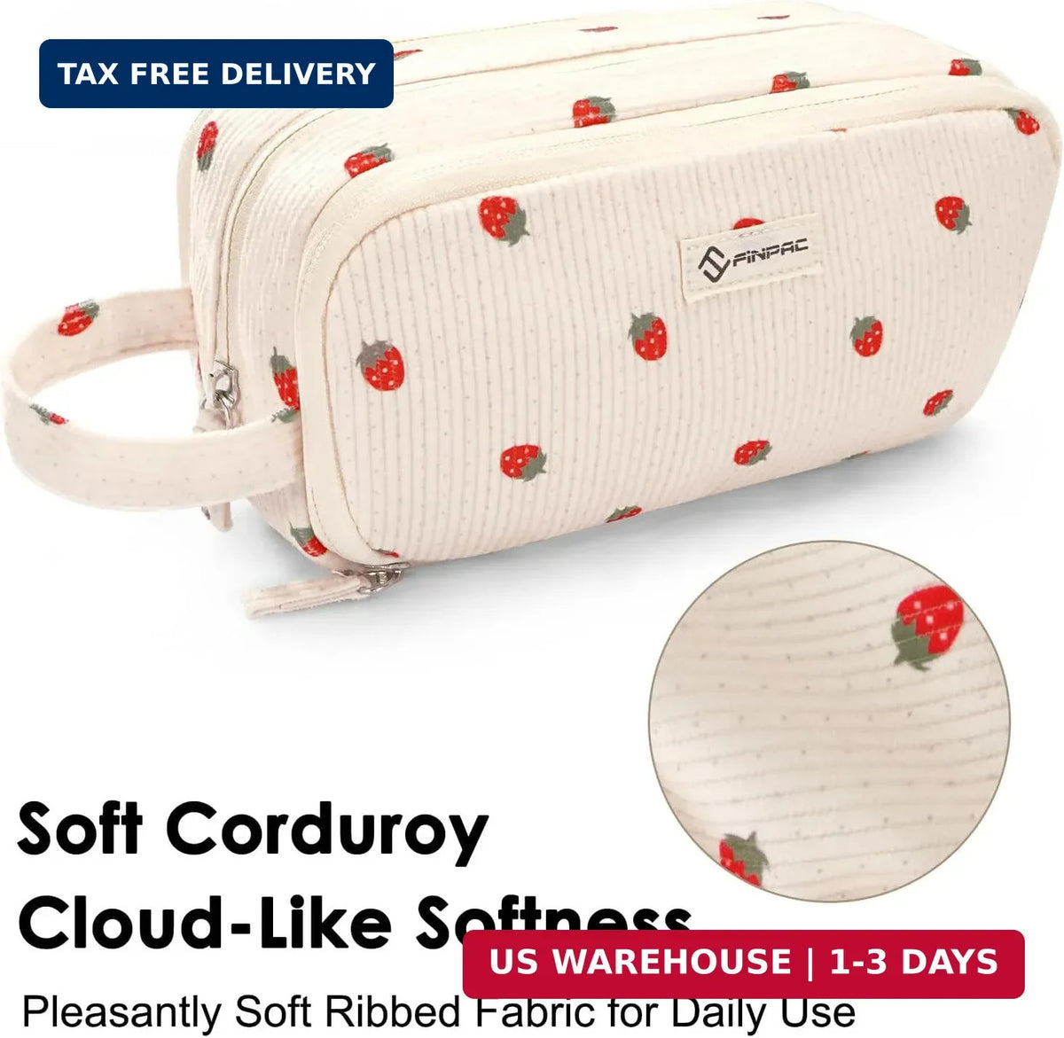 Corduroy Makeup Bag with Multiple Compartments - Large Storage Organizer for Cosmetics & Stationery