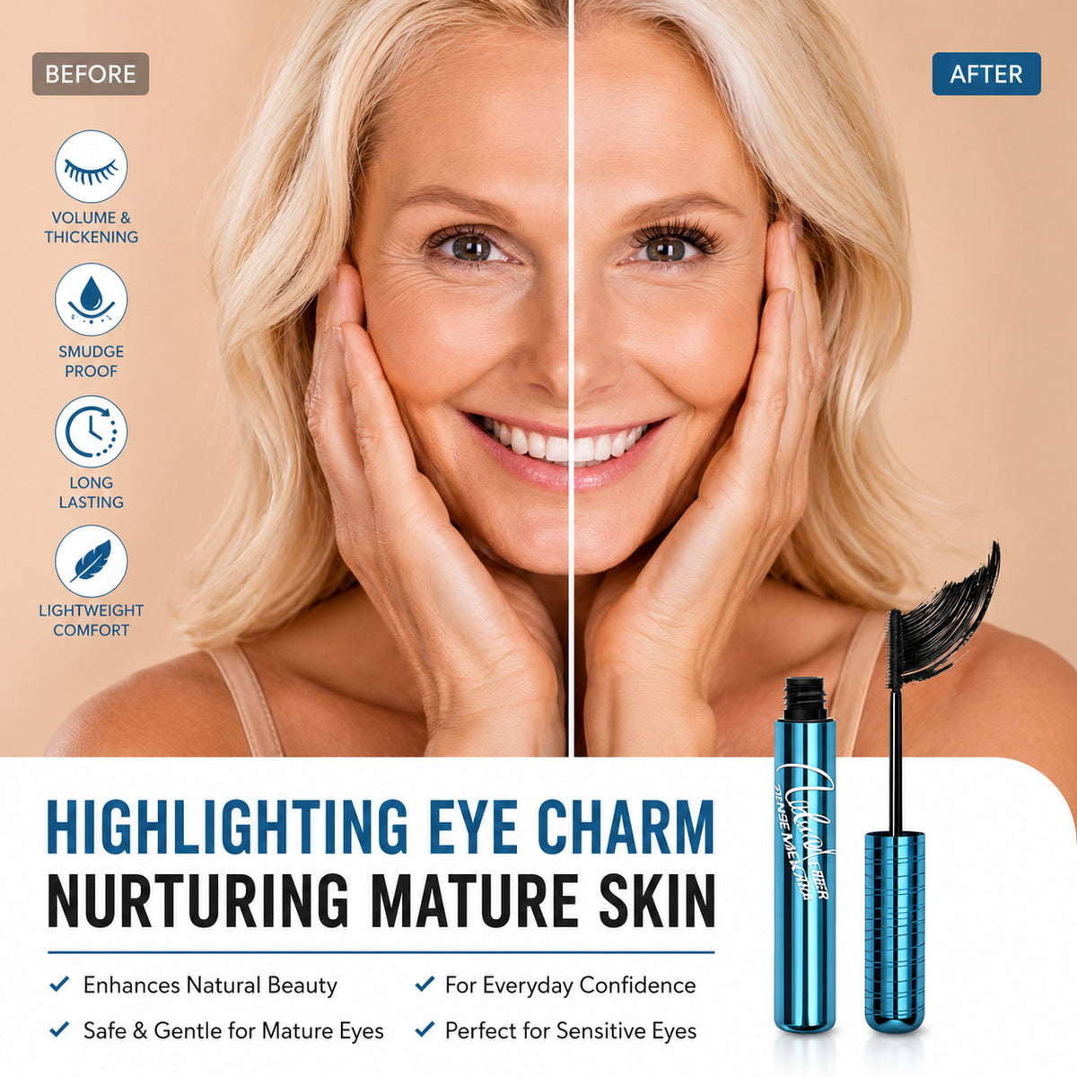 Waterproof Lash Mascara for Seniors & Older Women - Black, Volumizing & Lengthening