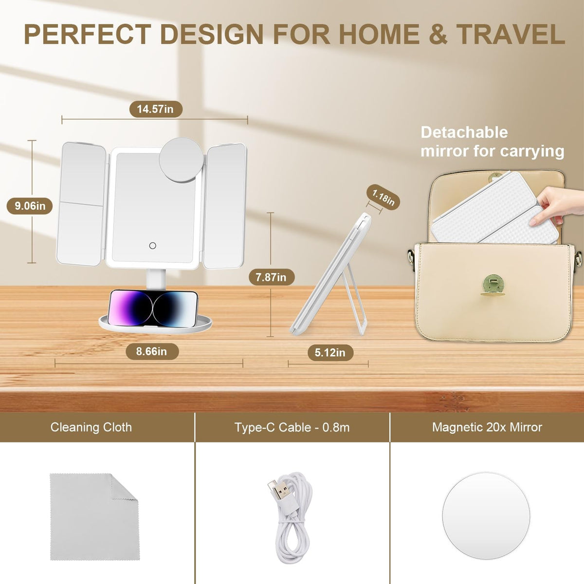 Magnifying Lighted Vanity Mirror 1X/3X/7X/20X with 3 Color Modes Rechargeable