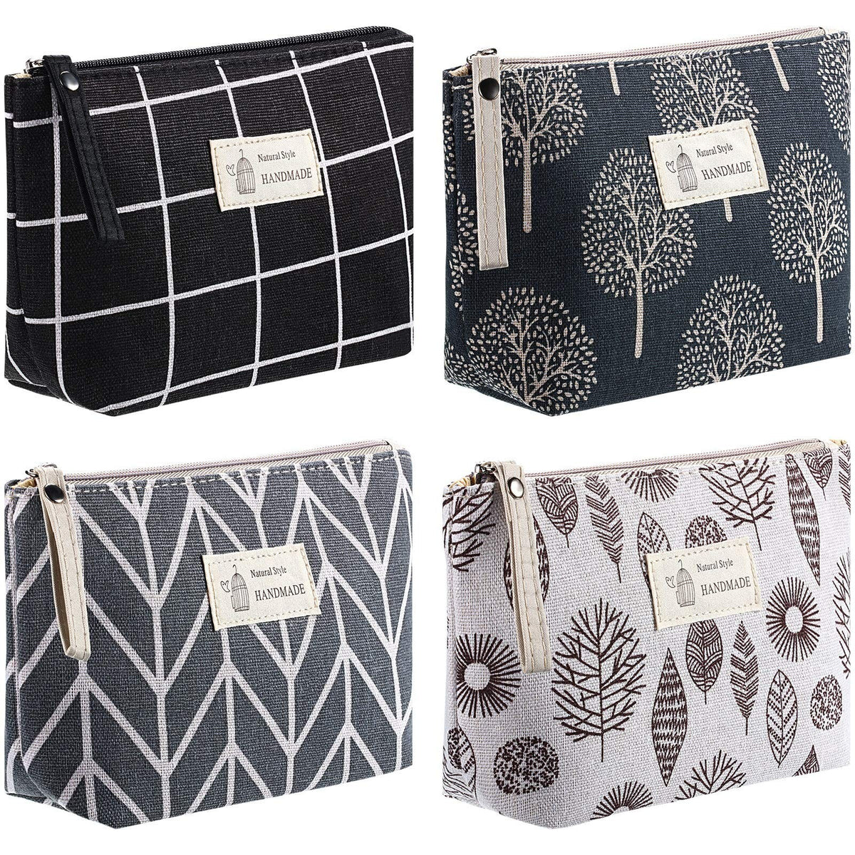 4-Piece Canvas Makeup Bags Set with Zipper - Multi-Style Travel Toiletry Organizer