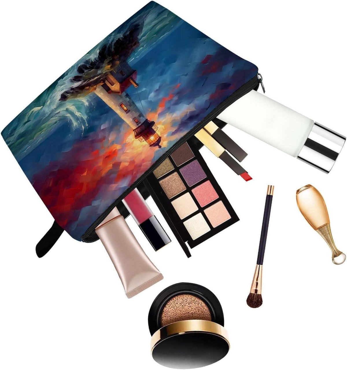 Small Lighthouse Print Makeup Bag with Metal Zipper & Durable Soft Material