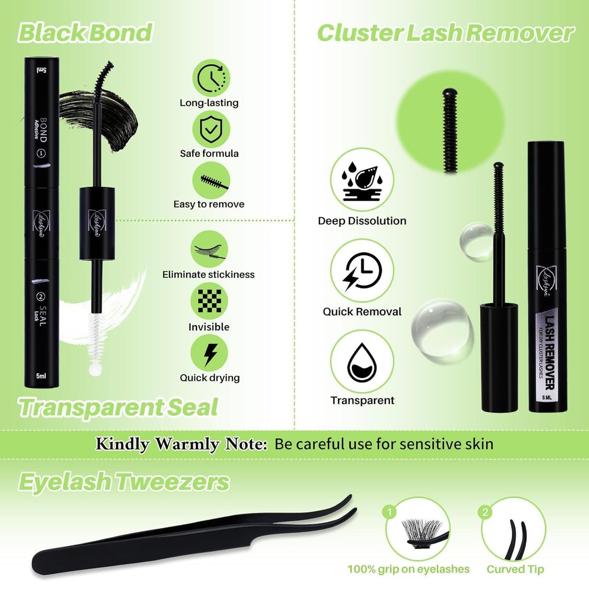 Lash Clusters Kit 540pcs D Curl False Eyelash Extensions with Bond & Tweezers