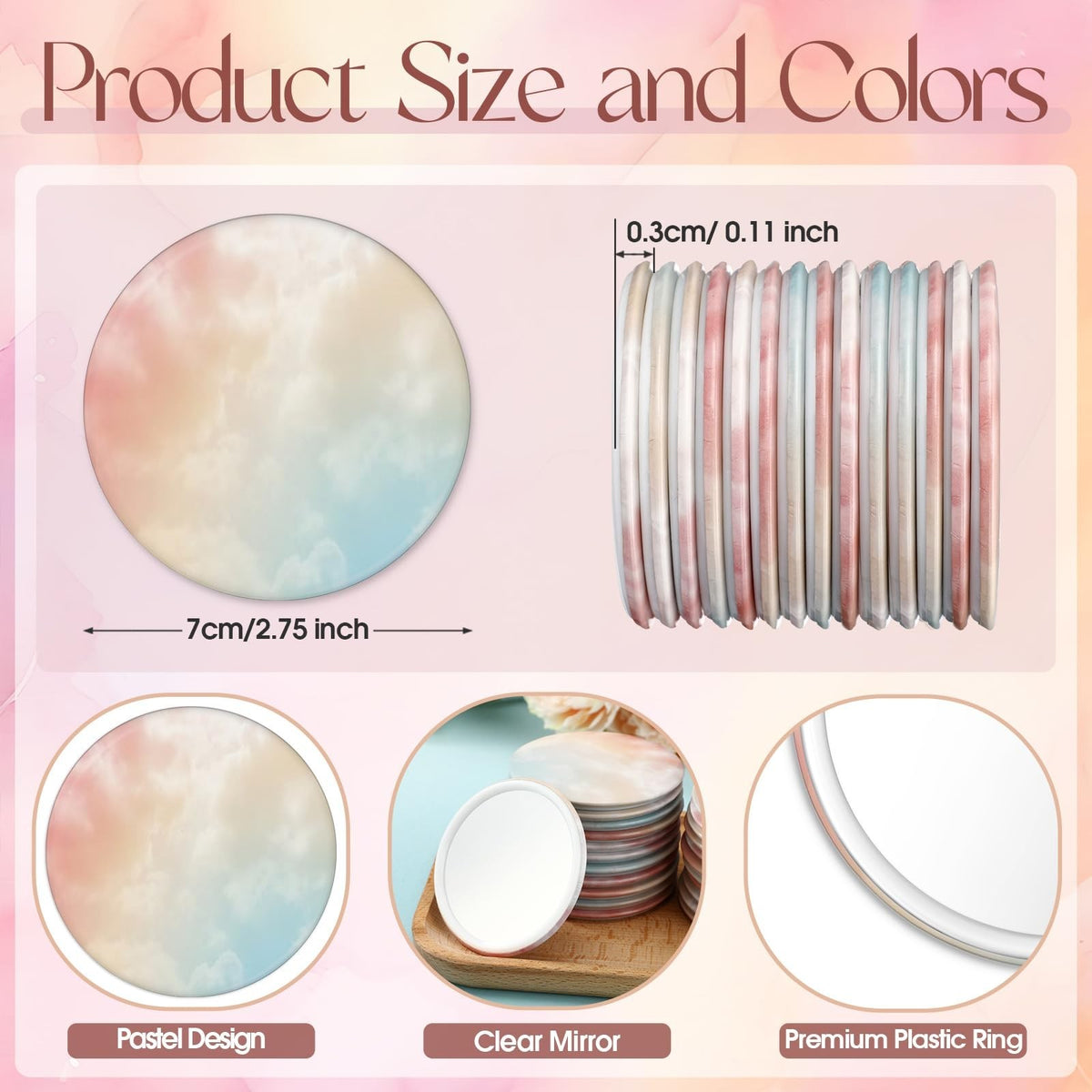 30 Pack Small Round Pocket Mirrors - Pastel Rainbow Compact Makeup Mirrors for Travel & Gifts