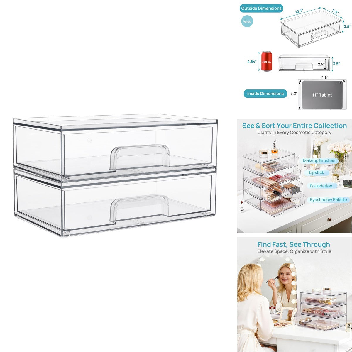 Clear Stackable Storage Drawers - 2 Pack Wide Plastic Organizers