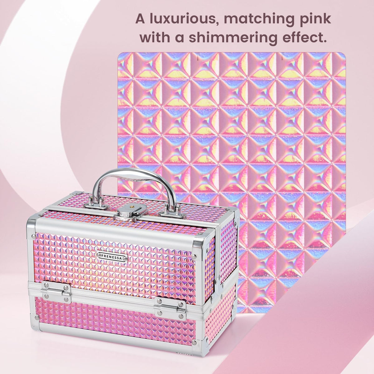 Pink Makeup Train Case with Mirror Portable Organizer Locking Hard Box