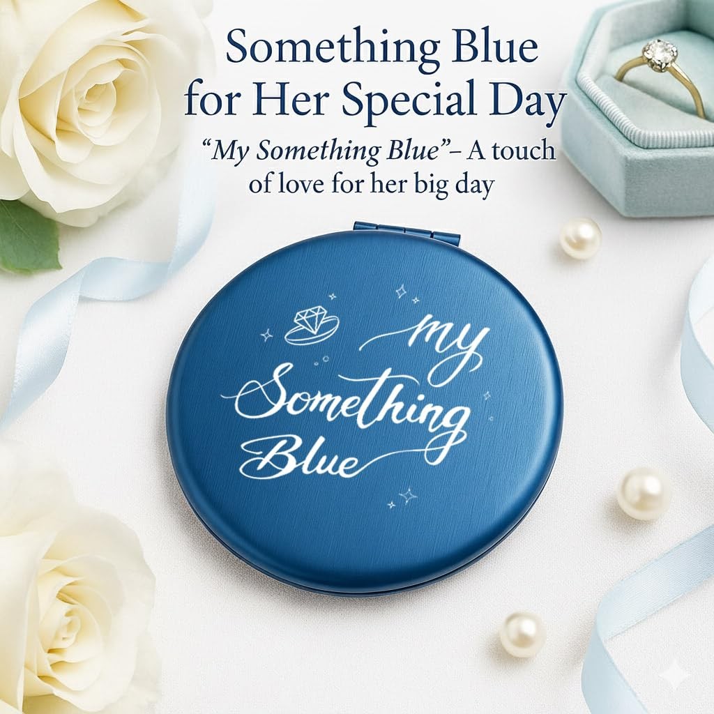 Bridal Blue Compact Makeup Mirror with Ring Design - Wedding & Bridal Gift