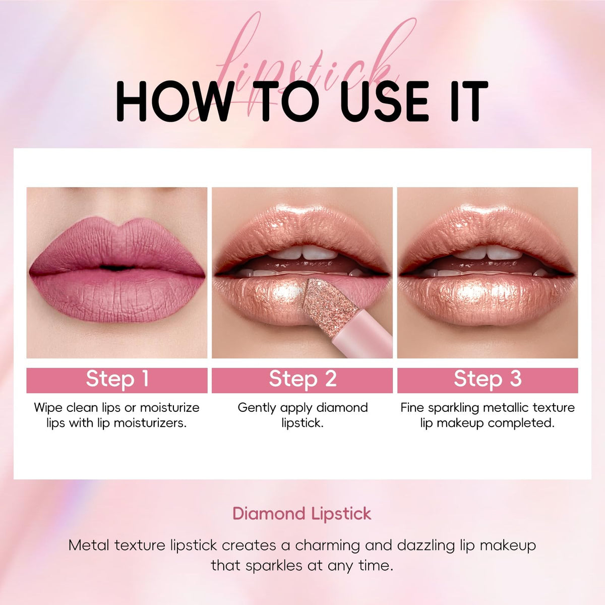 Metallic Champagne Glitter Lipstick - Shimmer, High Pigmentation, 0.12 oz