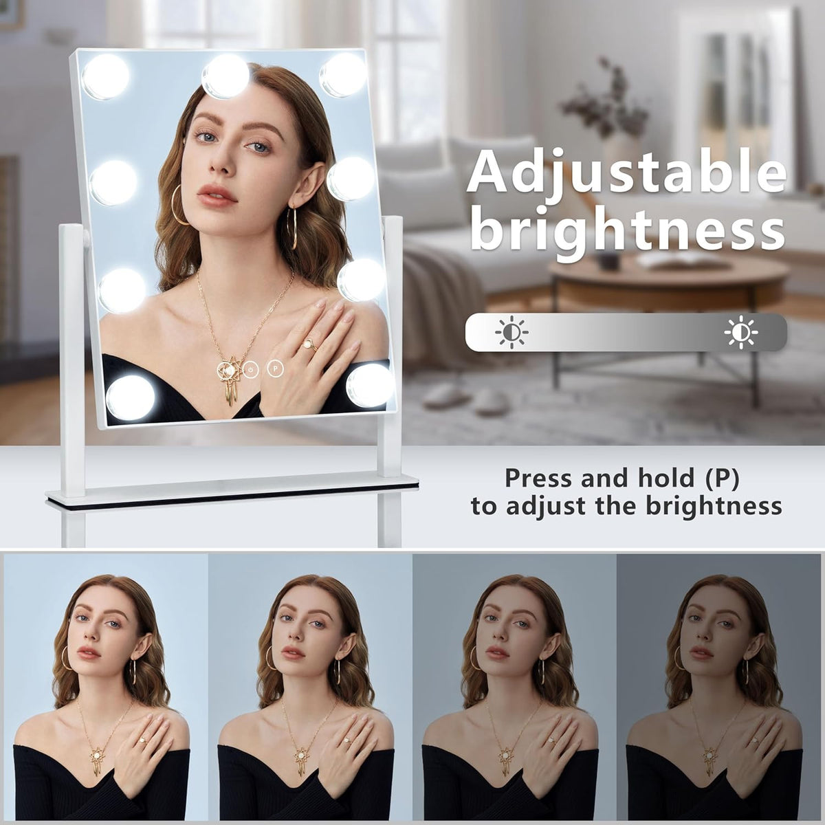 Lighted Vanity Mirror with Dimmable LED Bulbs & 10X Magnifier, Adjustable Brightness & 3 Color Modes
