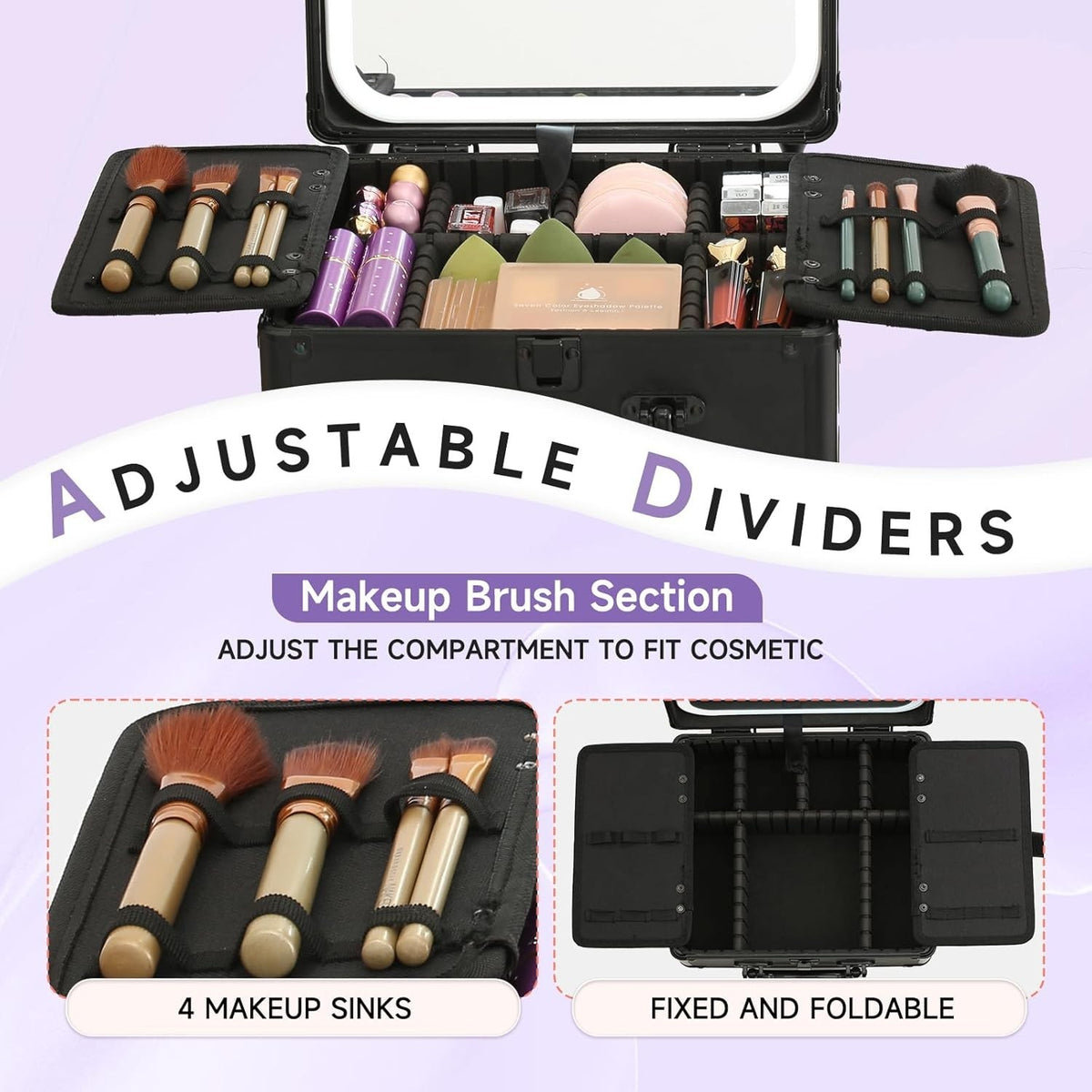 Travel Makeup Organizer Case with LED Lighted Mirror and Adjustable Storage