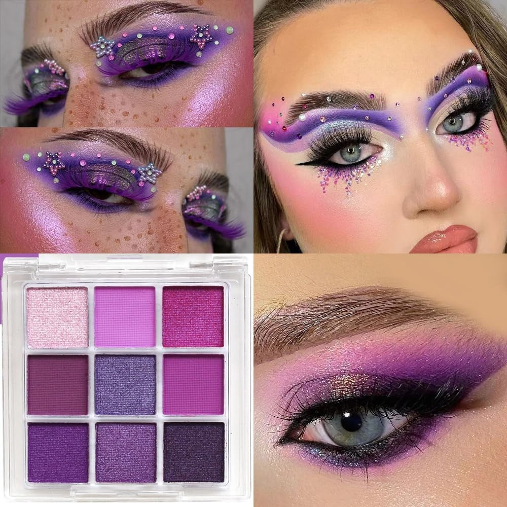 9-Color Purple Eyeshadow Palette - High Pigment, Matte, Shimmer & Glitter Finishes