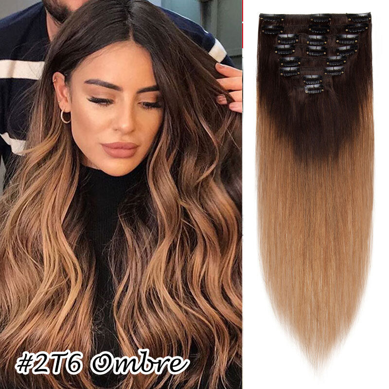 Clip-In Human Hair Extensions Full Head - Virgin Remy, Multiple Colors & Lengths