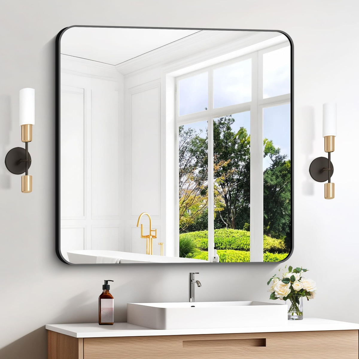 30x30 Inch Black Wall-Mounted Bathroom Mirror with Rounded Corners