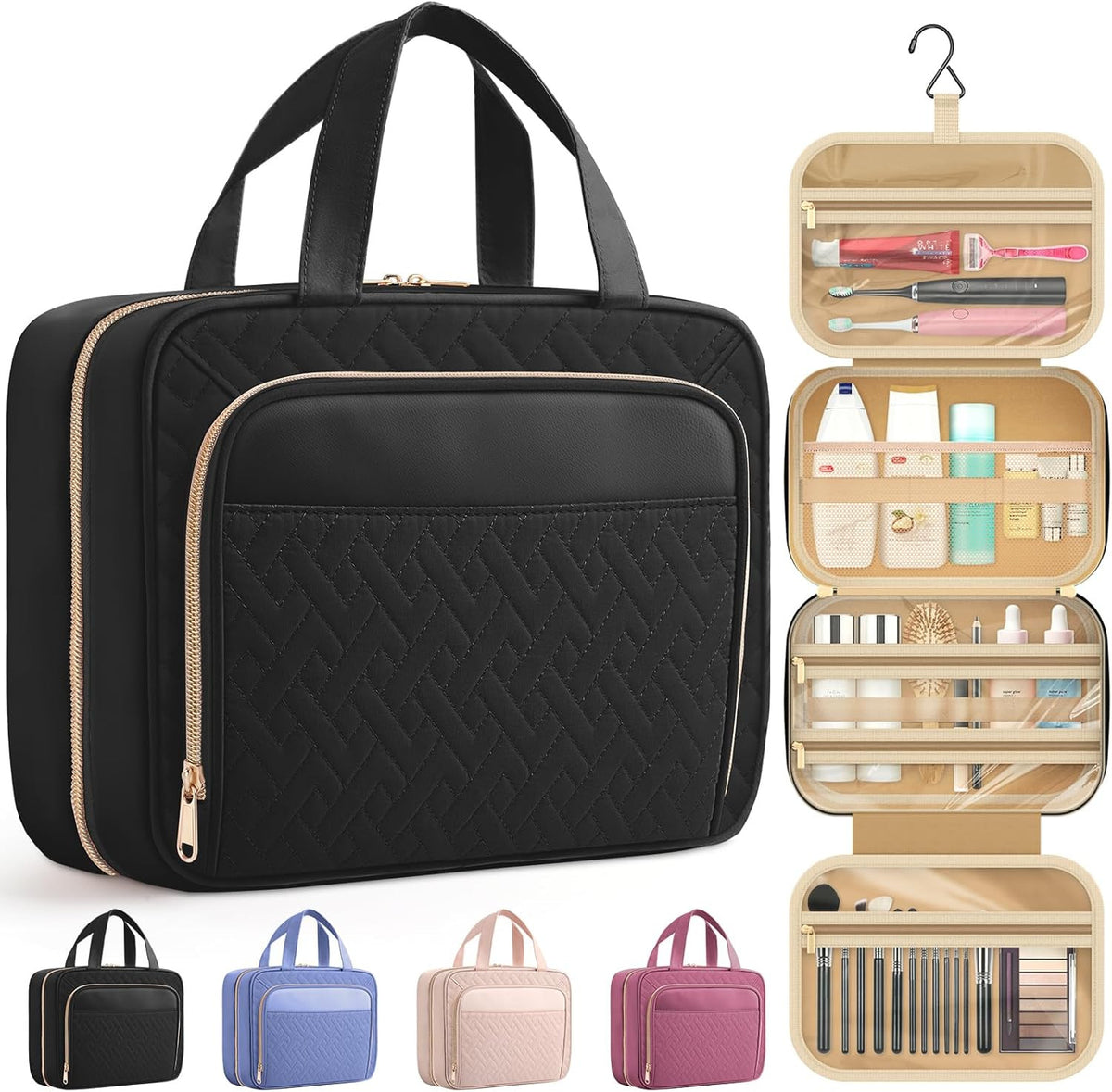 Travel Toiletry Bag with Hanging Hook & Multiple Compartments – Waterproof, Medium Size