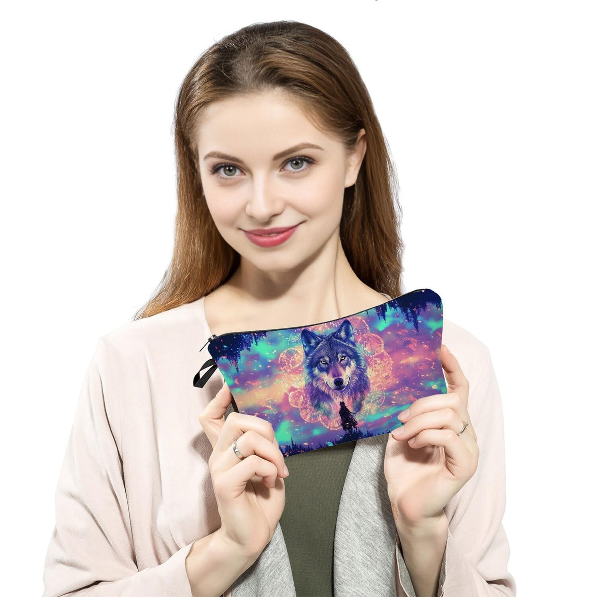 Cute Floral Wolf Makeup Bag Small Cosmetic Organizer with Zipper