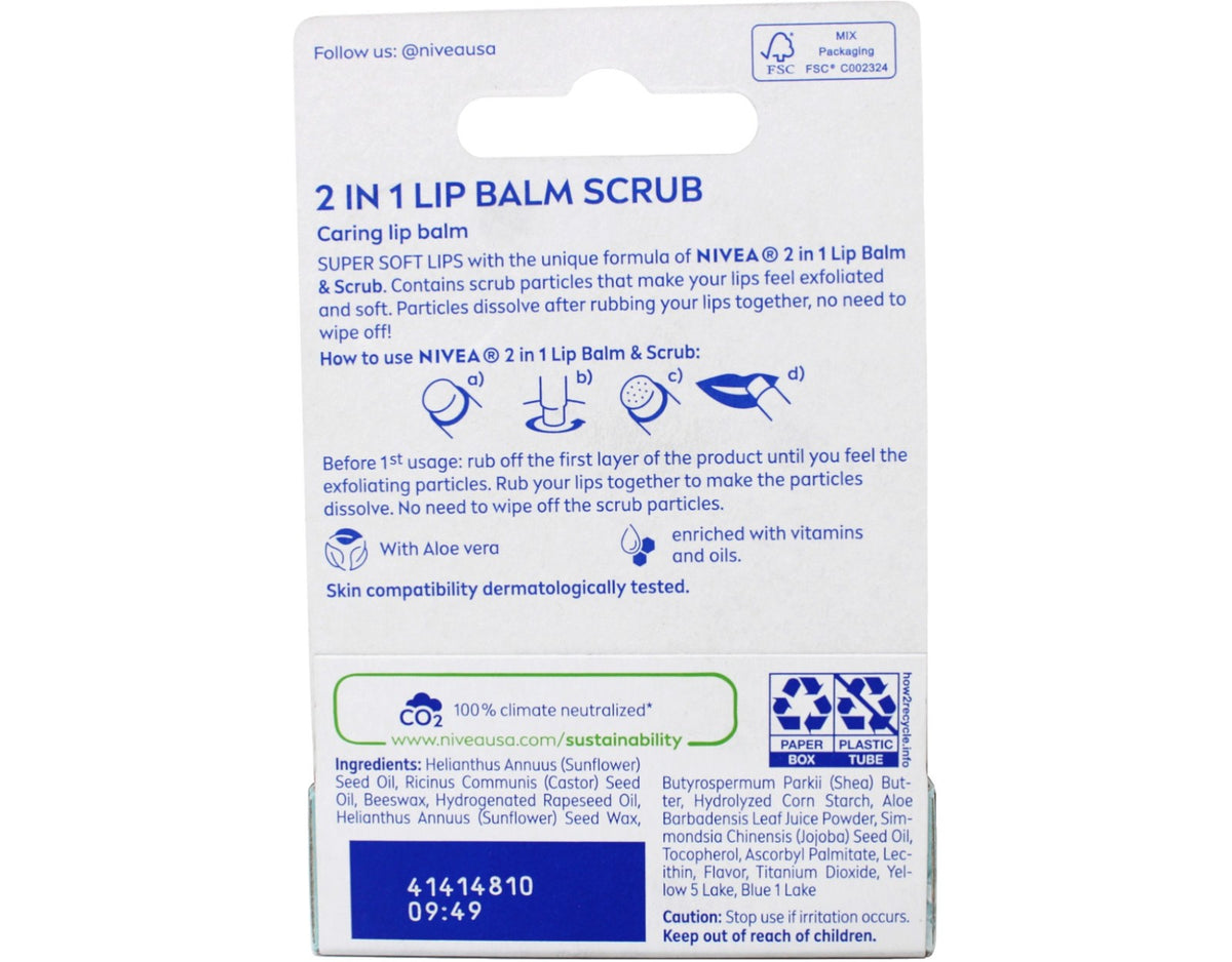 Nivea 2in1 Lip Balm & Scrub Aloe Vera Vitamin E Soft Lips 0.17 oz