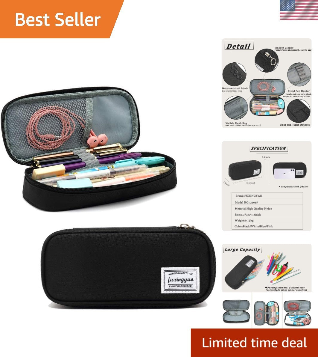 Compact Black Pencil Case with Shoulder Strap - Organize Stationery