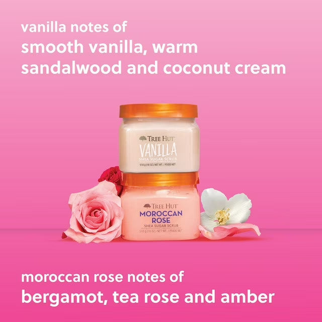 Tree Hut 2 Pack Vanilla and Moroccan Rose Shea Sugar Scrub 18 Oz Each