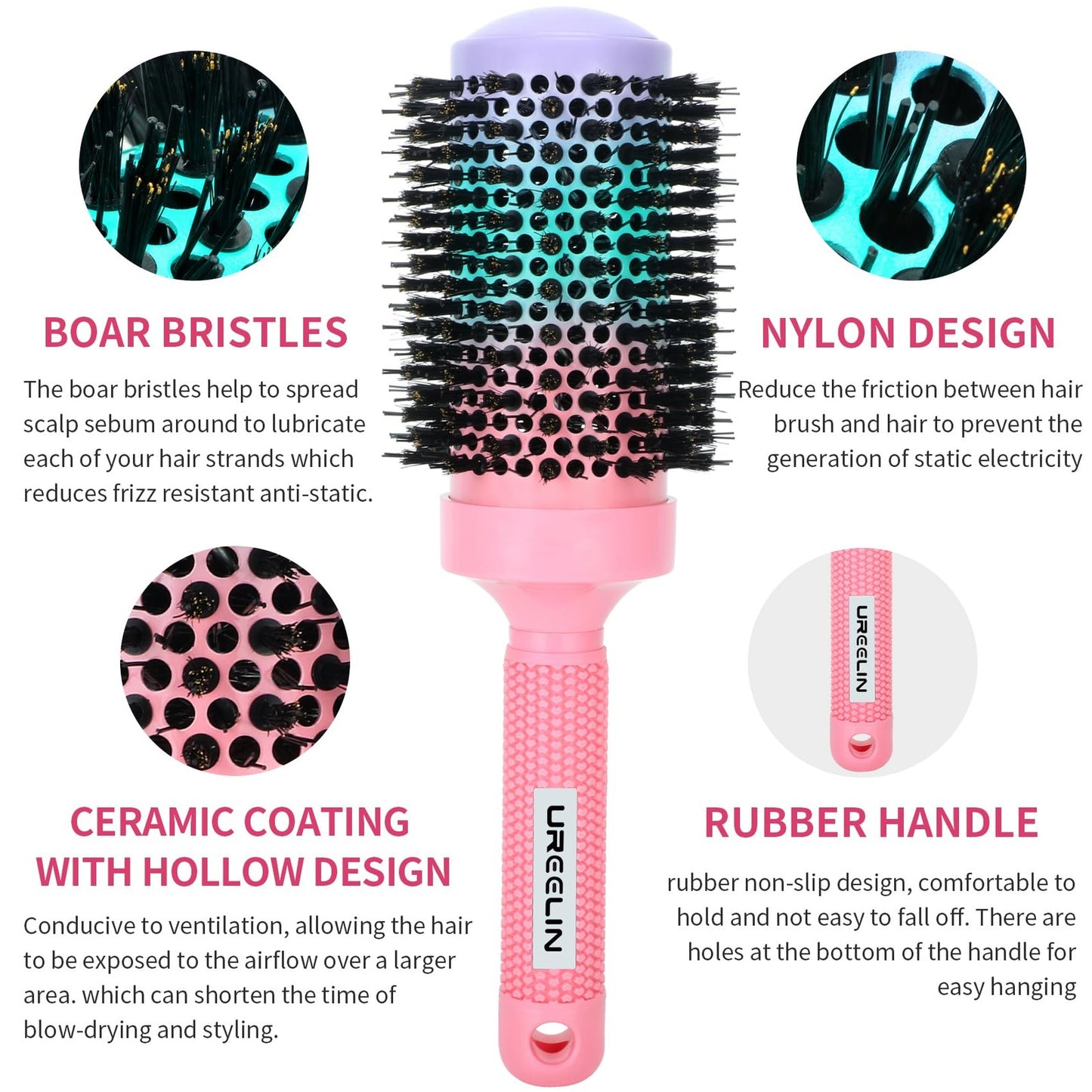 Round Hair Brush 53mm 2.1 Inch with Ionic Technology & Dual Bristles
