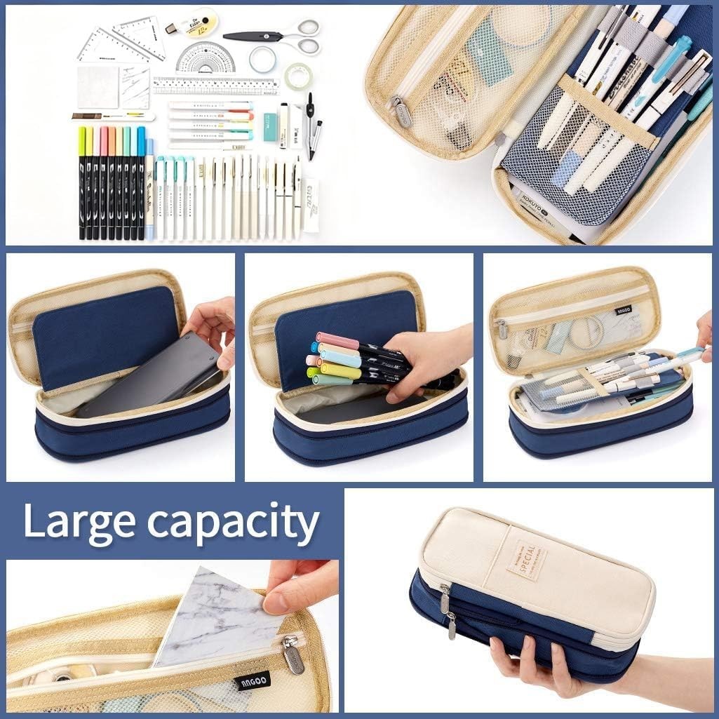 Multi-Function Blue Pen Case with 3 Compartments Travel Organizer