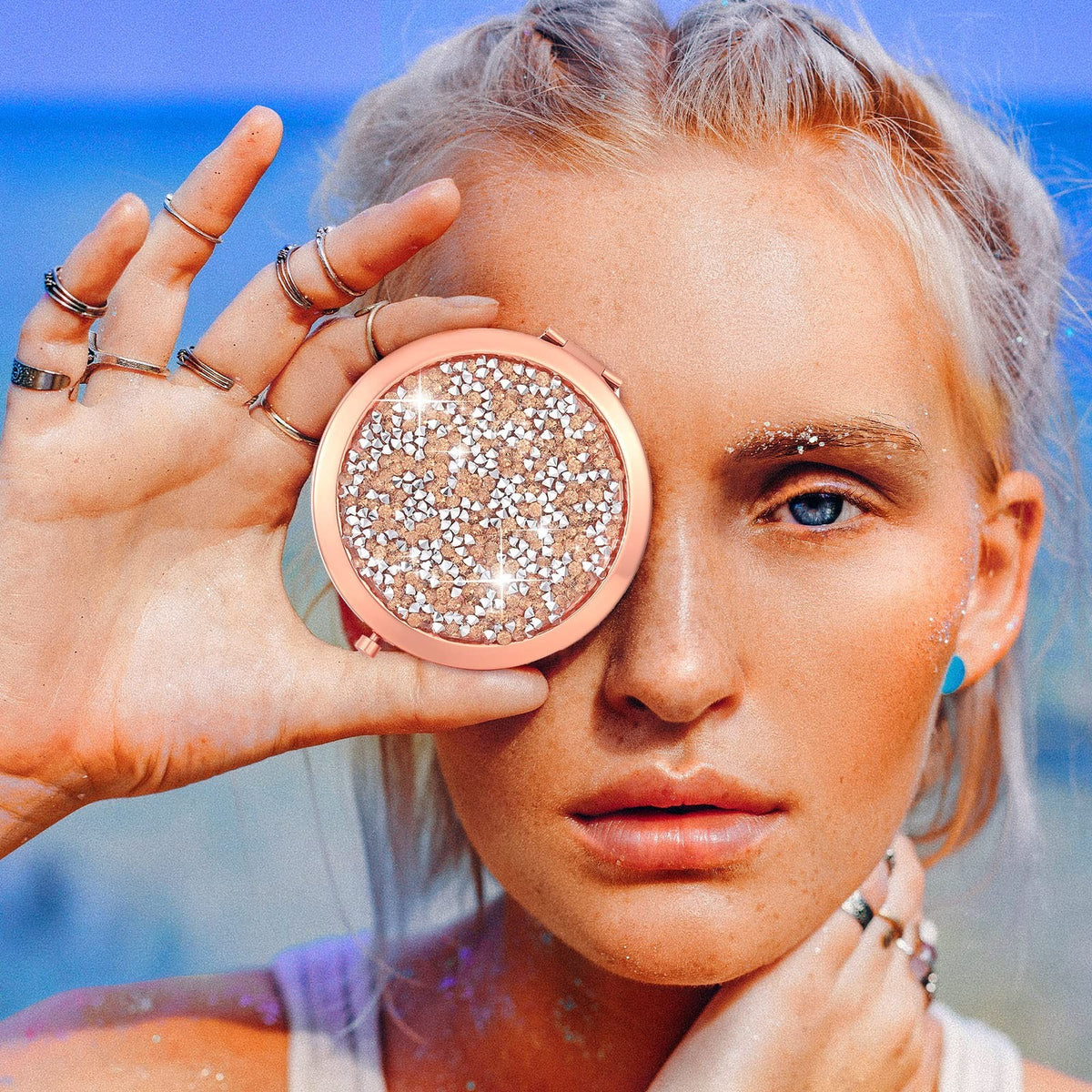 6 Pack Compact Travel Mirrors - Rose Gold Mini Pocket Makeup Mirrors for Purse Gift