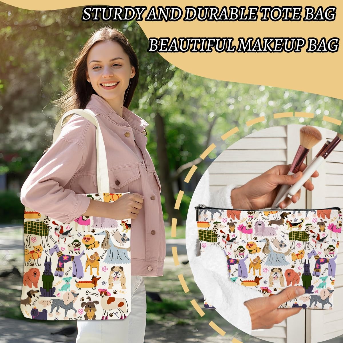 Dog Lover Gift Tote Bag Set with Cosmetic Cases - Stylish Pet Owner Accessories