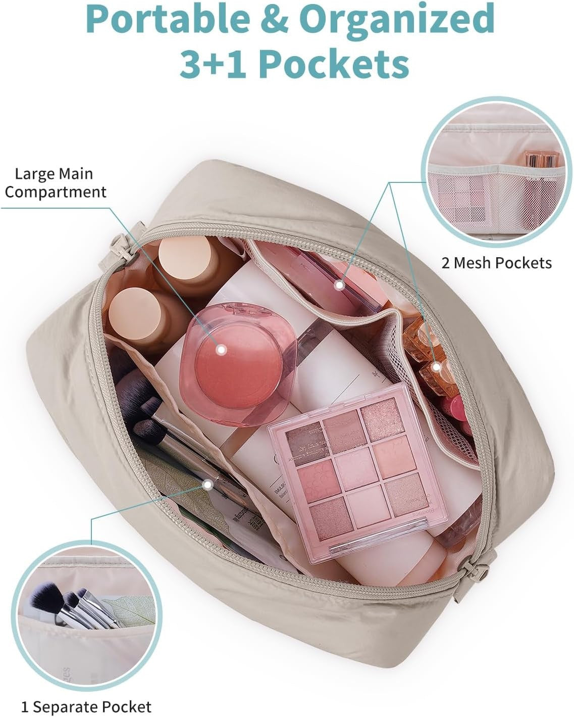 Quilted Makeup Bag for Women Travel Cosmetic Organizer Puffer Pouch Khaki